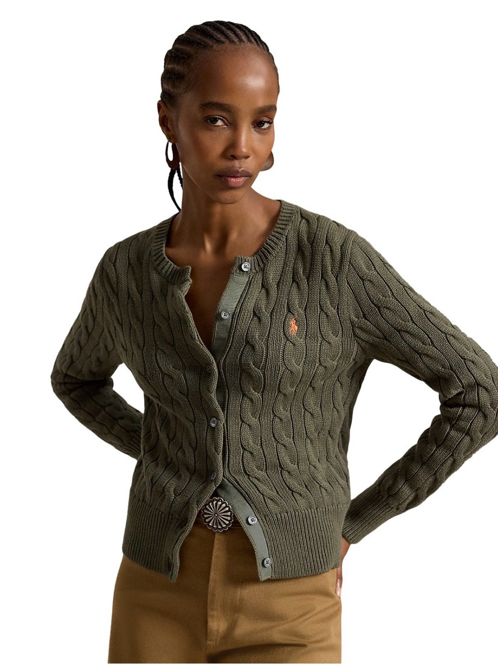 Polo by Ralph Lauren Olive Cable-Knit Crewneck Cardigan